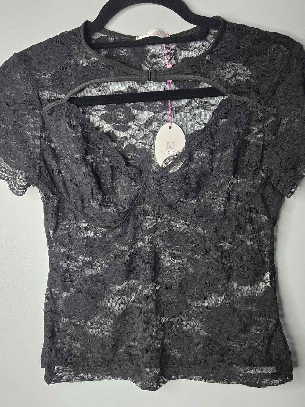 Avidlove Black Floral Lace Top Size Medium NWT Sheer Short Sleeve Lingerie